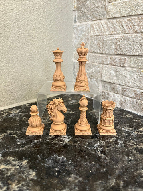 Baroque unique chess set, ornate scrollwork chess pieces, artist-designed, Tree House Chess