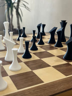 Minimalist unique chess set, clean silhouette chess pieces, artist-designed, Tree House Chess