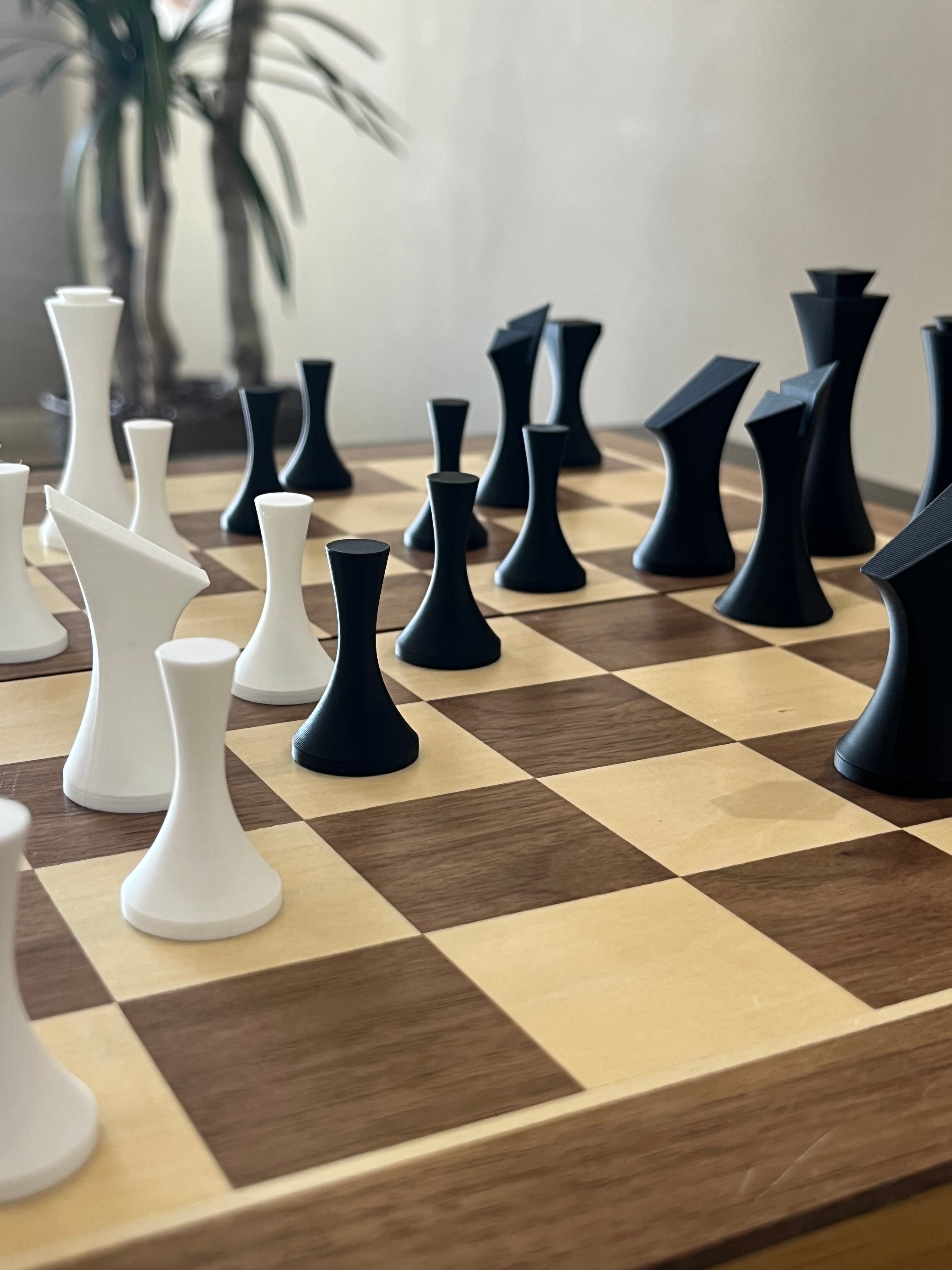 Minimalist unique chess set, clean silhouette chess pieces, artist-designed, Tree House Chess