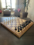 Minimalist unique chess set, clean silhouette chess pieces, artist-designed, Tree House Chess