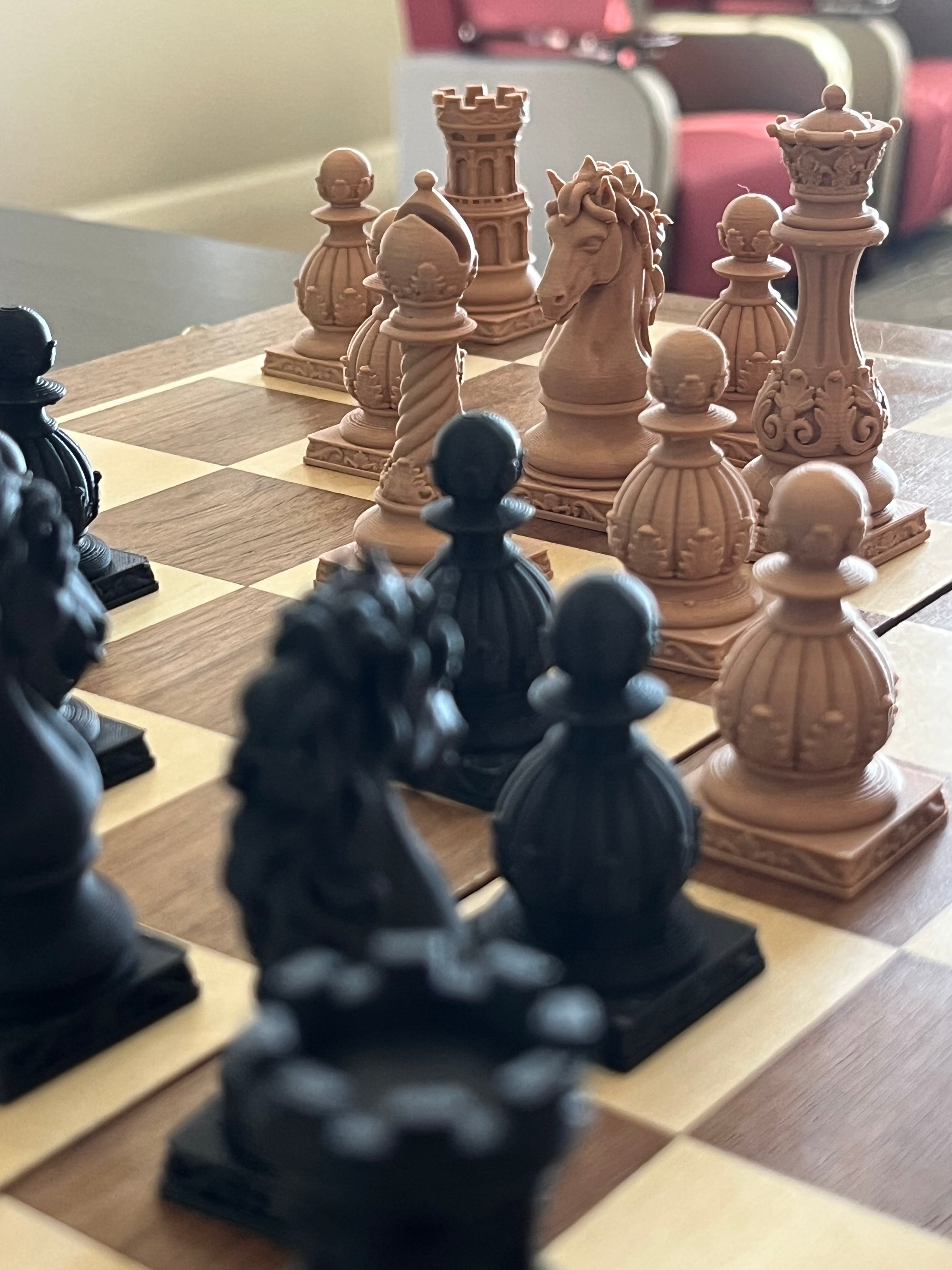 Baroque unique chess set, ornate scrollwork chess pieces, artist-designed, Tree House Chess
