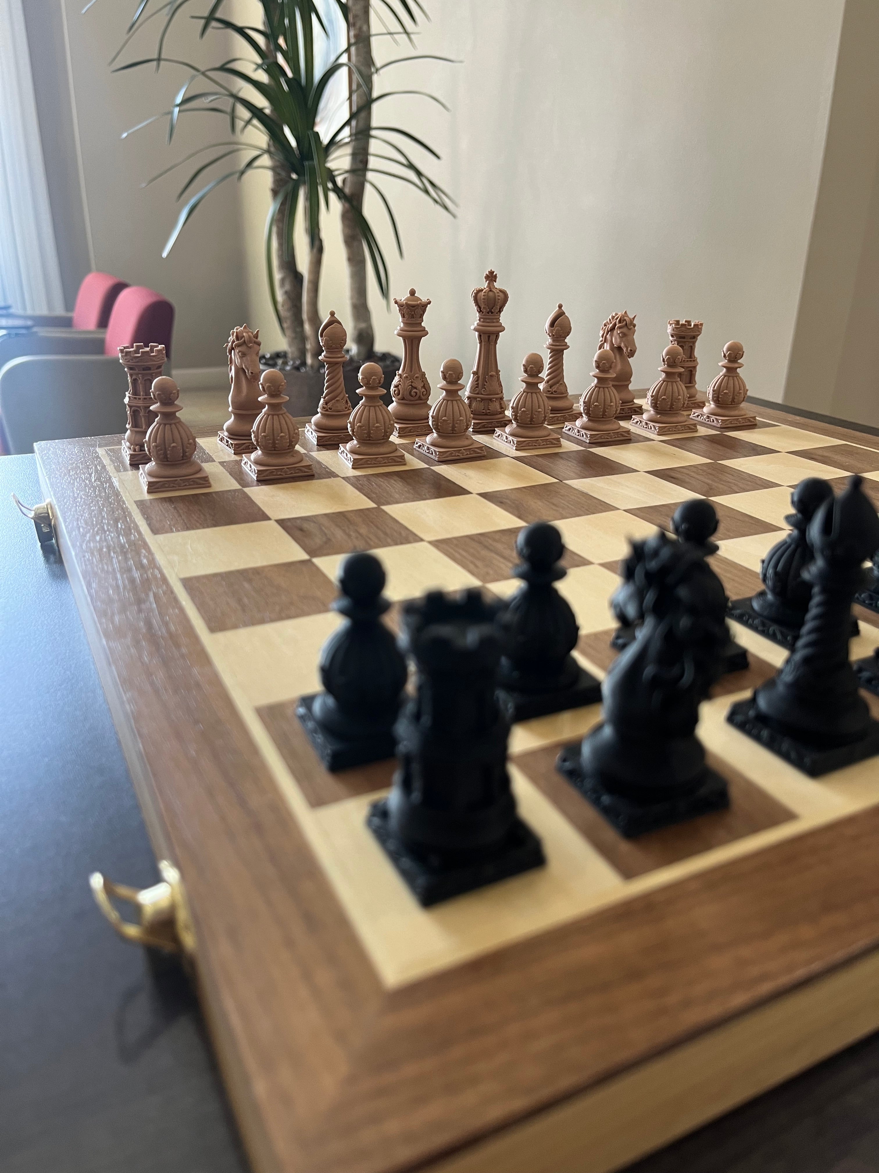 Baroque unique chess set, ornate scrollwork chess pieces, artist-designed, Tree House Chess