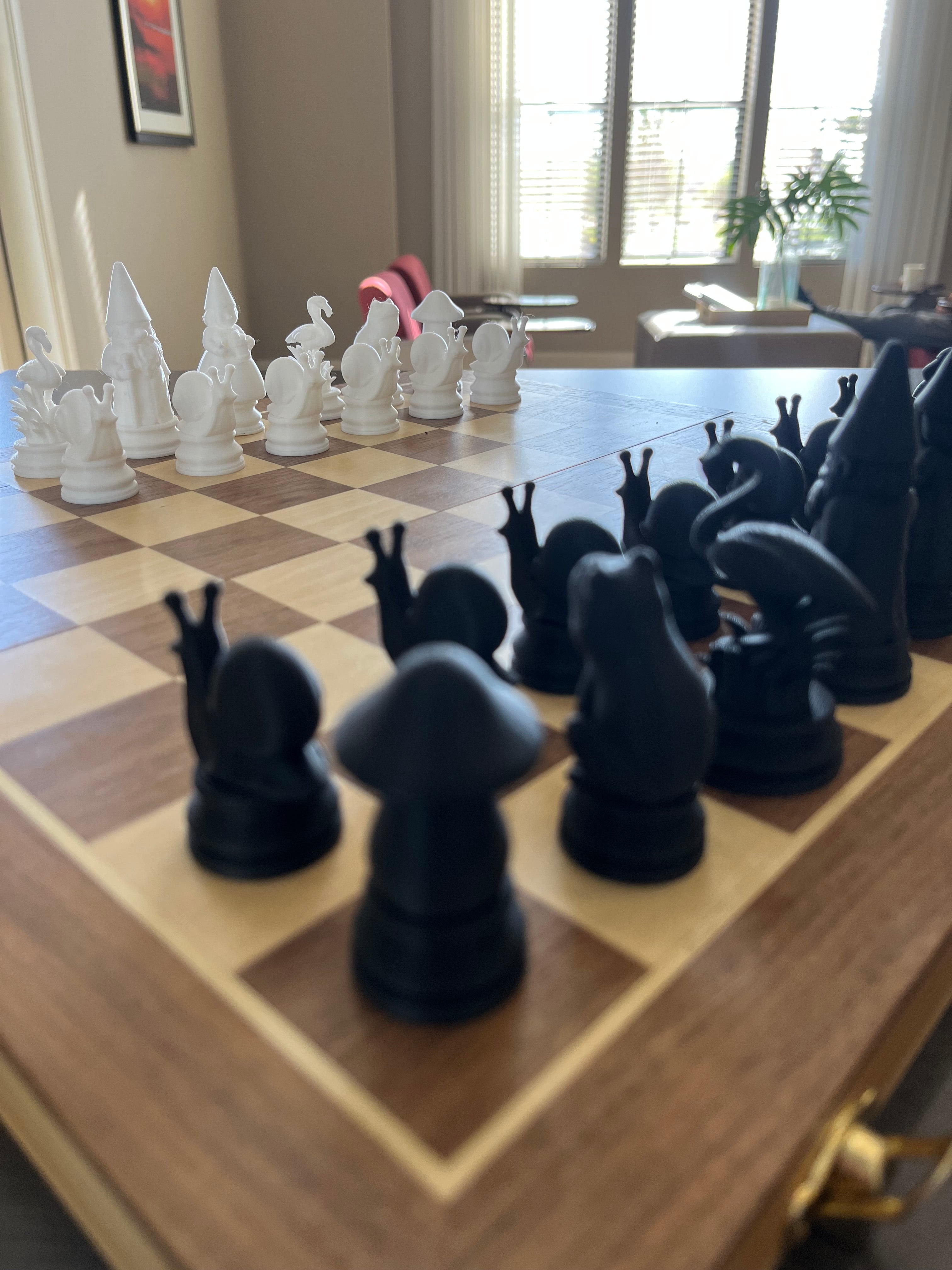 Gnome unique chess set, quirky character chess pieces, artist-designed, Tree House Chess