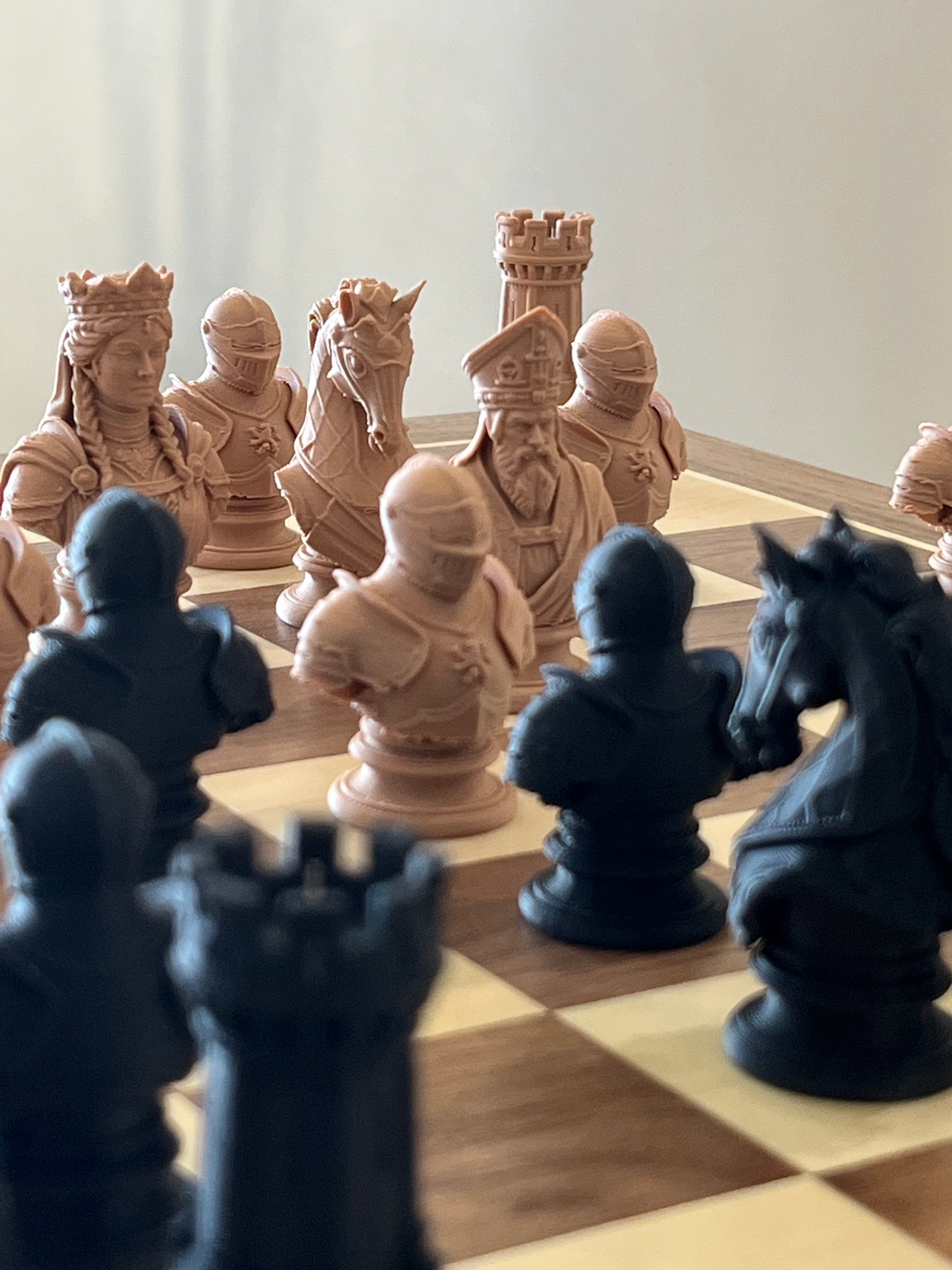 Knight unique chess set, medieval sculpted bust chess pieces, artist-designed. Tree House Chess