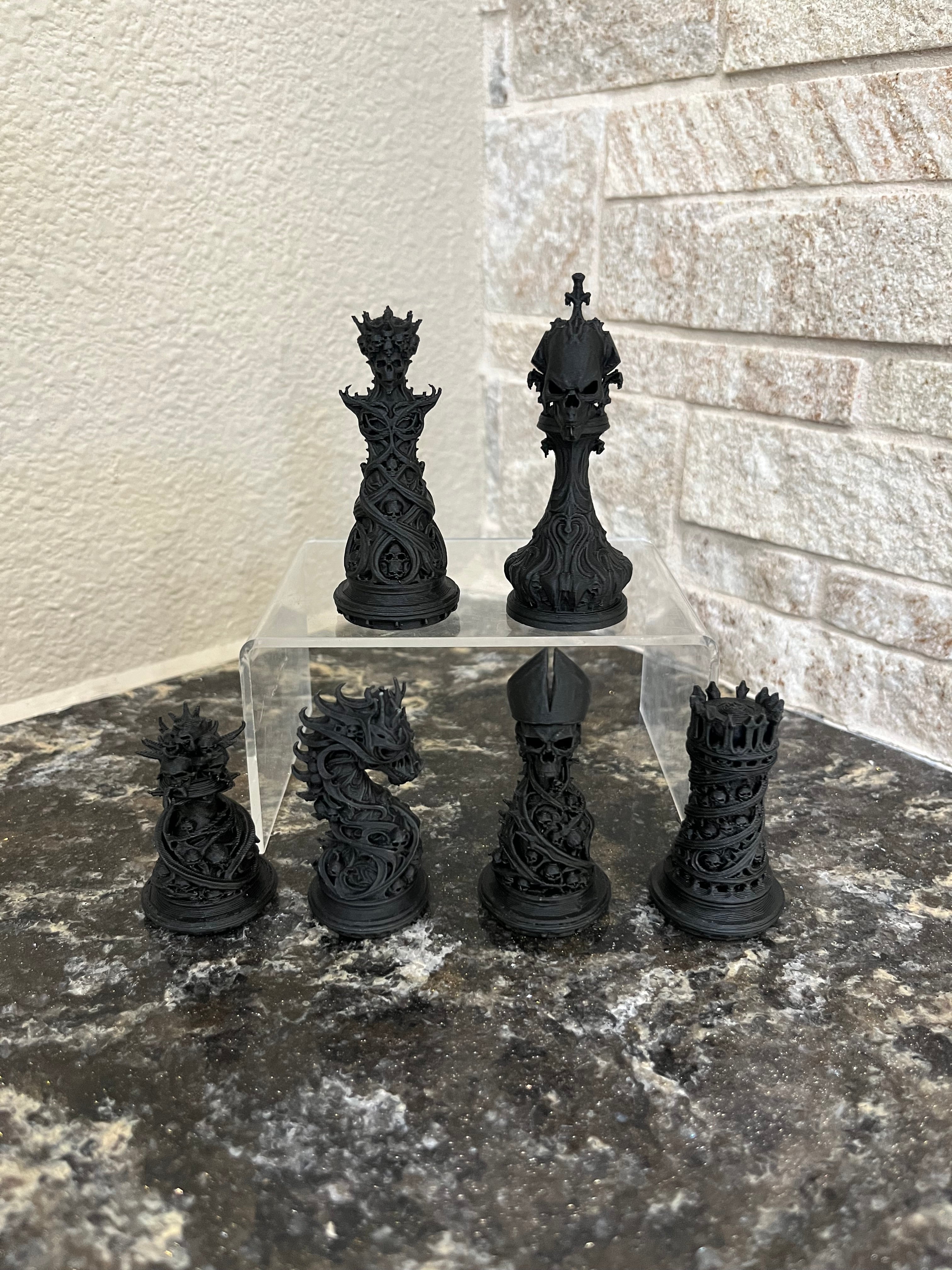 Gothic unique chess set, dark skull chess pieces, artist-designed, Tree House Chess