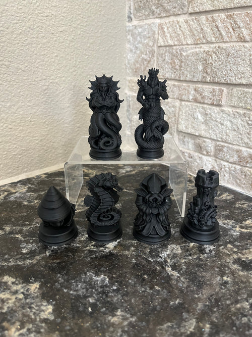 Atlantis unique chess set, ocean fantasy chess pieces, artist-designed, Tree House Chess