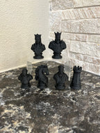 Knight unique chess set, medieval sculpted bust chess pieces, artist-designed, unique chess set. Tree House Chess