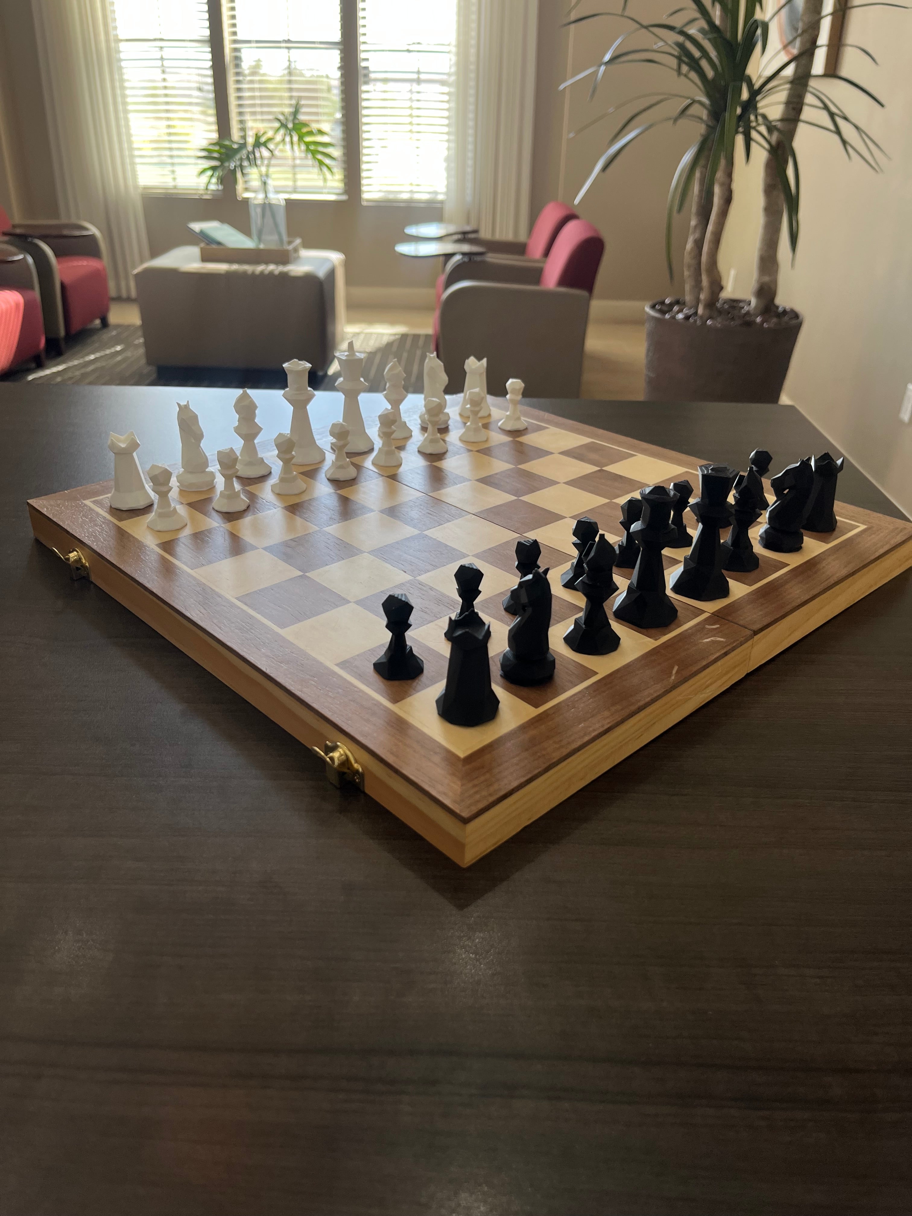 Low-Poly unique chess set, geometric angular chess pieces, artist-designed, Tree House Chess