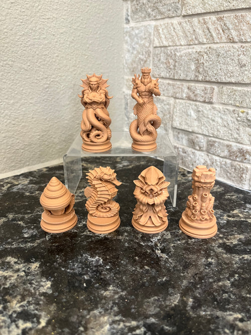 Atlantis unique chess set, ocean fantasy chess pieces, artist-designed, Tree House Chess