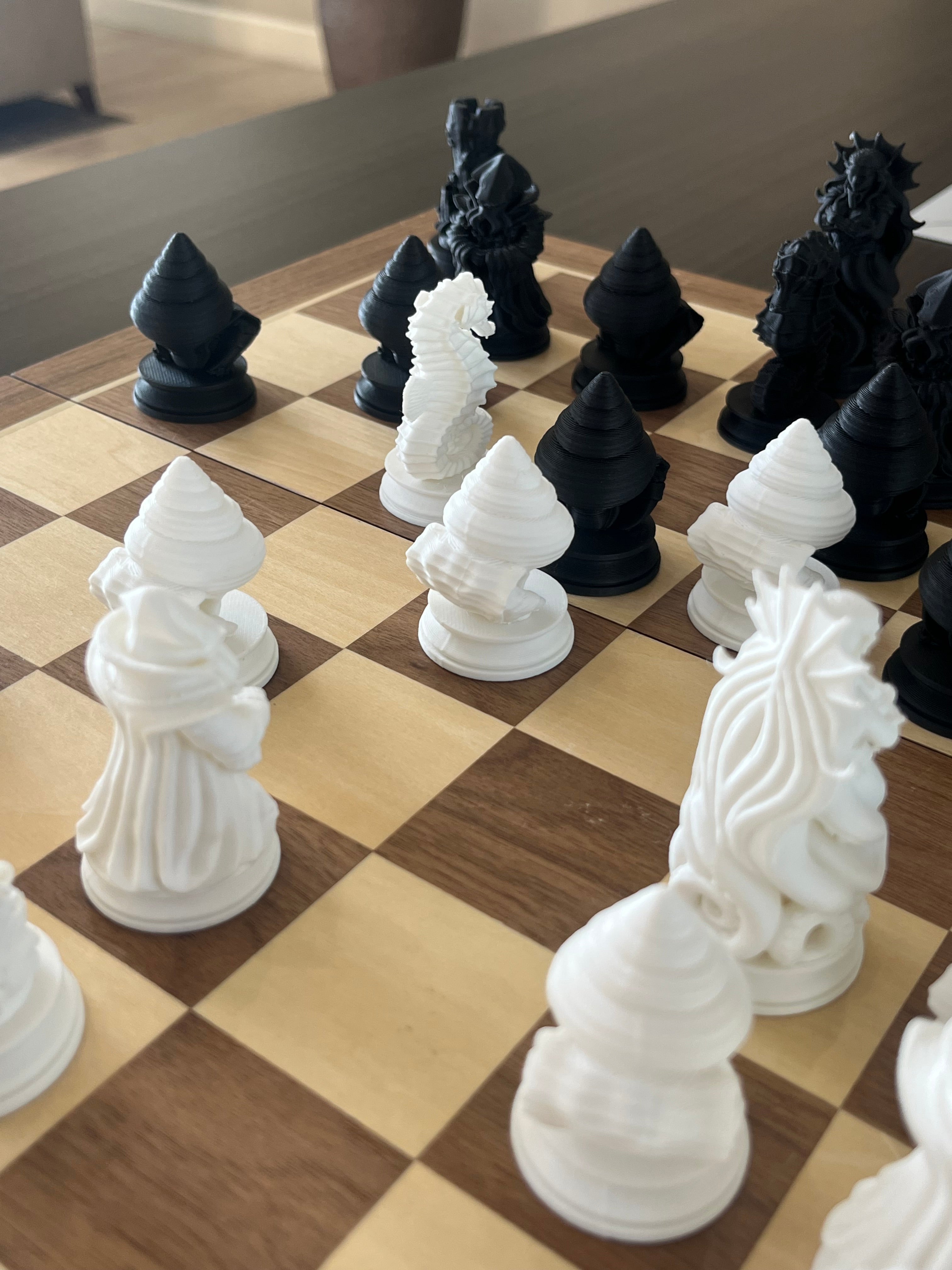 Atlantis unique chess set, ocean fantasy chess pieces, artist-designed, Tree House Chess