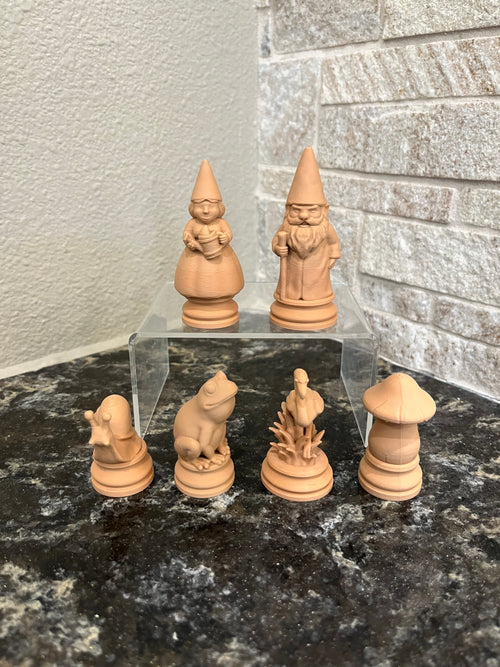 Gnome unique chess set, quirky character chess pieces, artist-designed, Tree House Chess