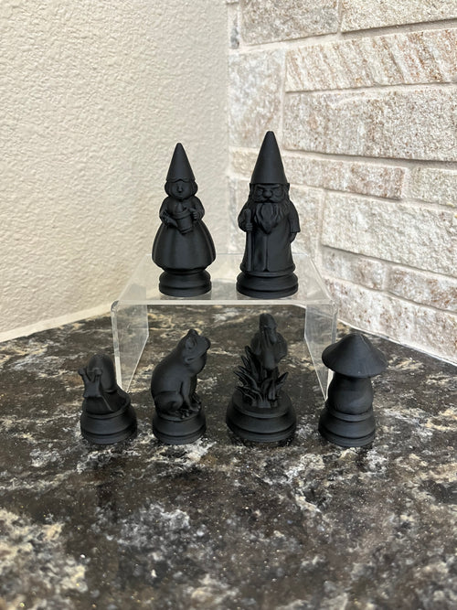 Gnome unique chess set, quirky character chess pieces, artist-designed, Tree House Chess